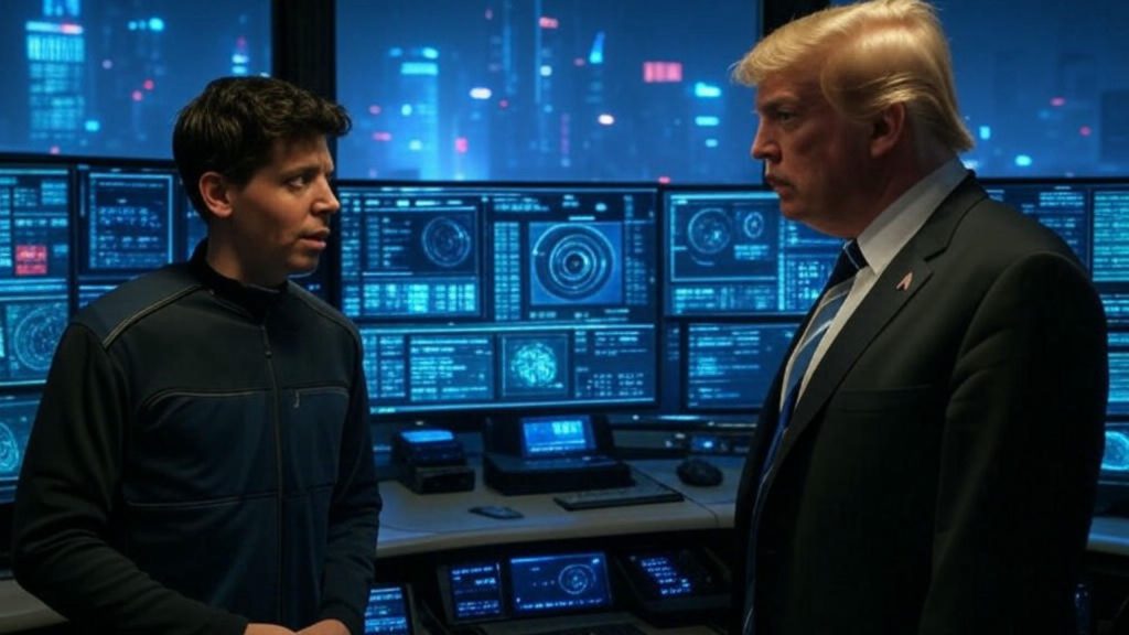 Trump and Sam stargate looking at each other with computers